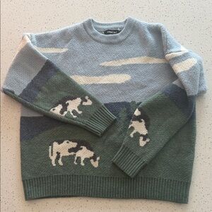 Blue and Green Crewneck Sweater with Cow Design